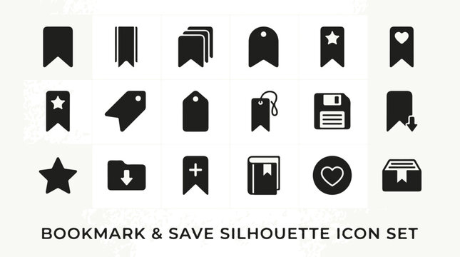 Minimal black bookmark and save icons set with various shapes and symbols