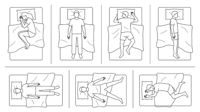 Top View Sleeping People Line Illustration Set &ndash; Bedtime Rest Relaxation Poses on Pillow Minimal CAD Outline Vector Concept