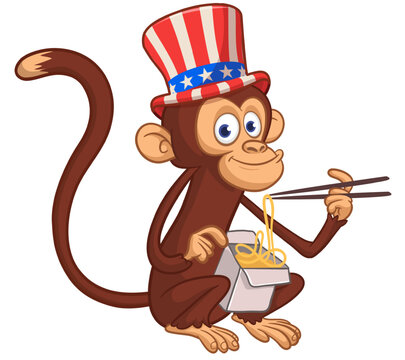 Cartoon funny hungry monkey eating fast food hot noodles or ramen from meal box with chopsticks wears Uncle Sam hat. USA independence day