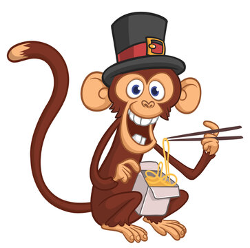 Cartoon funny hungry monkey eating fast food hot noodles or ramen from meal box with chopsticks wears top hat