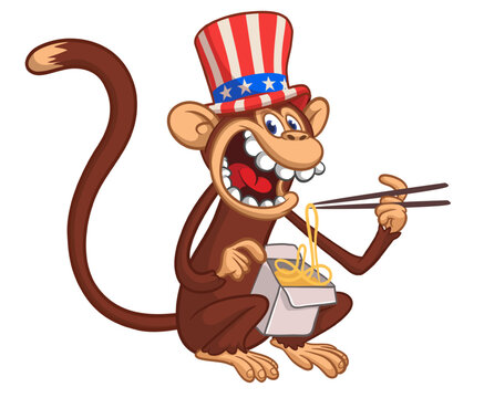 Cartoon funny hungry monkey eating fast food hot noodles or ramen from meal box with chopsticks wears Uncle Sam hat. USA independence day