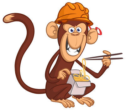 Cartoon funny hungry monkey eating fast food hot noodles or ramen from meal box with chopsticks. Monkey wearing safety helmet