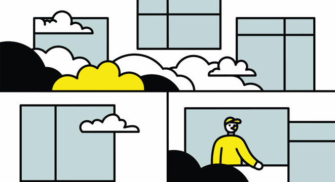 Stylized geometric abstract landscape illustration with soft clouds and a person looking out a window, concept for urban living, real estate marketing and modern city life.