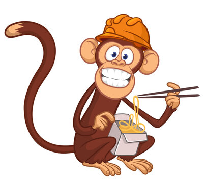 Cartoon funny hungry monkey eating fast food hot noodles or ramen from meal box with chopsticks. Monkey wearing safety helmet