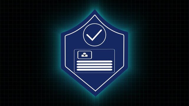 Cybersecurity shield animation with id card icon. Cybersecurity shield digital grid protection. Cybersecurity shield identity security graphic on black background.