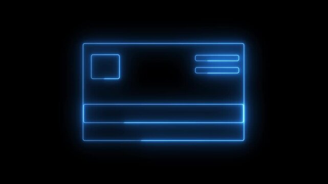 Neon credit card animation on black background. Neon credit card blue digital payment symbol. Neon credit card financial technology graphic on black background.
