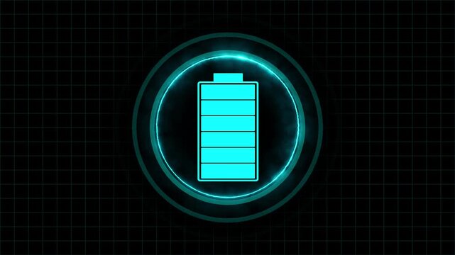 Neon battery indicator animation on dark grid. Neon battery indicator futuristic energy charge status. Neon battery indicator power technology graphic on black background.
