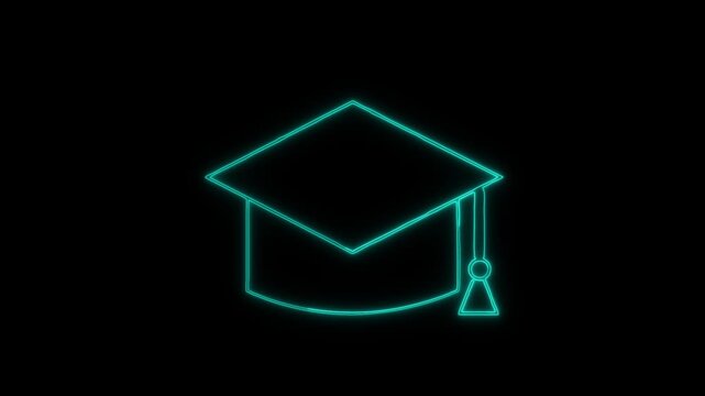 Neon graduation cap animation on black background. Neon graduation cap digital education symbol. Neon graduation cap academic success graphic on black background.