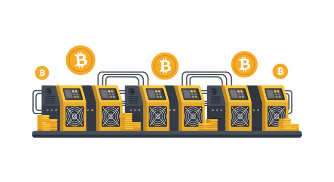 Bitcoin Mining Farm Illustration with ASIC Miners and Gold Coins on White Background. Flat Vector Concept for Cryptocurrency and Blockchain Technology.