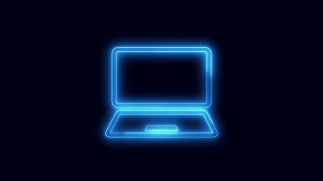 Neon laptop outline animation on dark background. Neon laptop outline blue digital computer symbol. Neon laptop outline information technology graphic on black background.