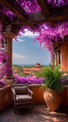 Fototapeta premium A delightful balcony offers a cozy chair beside a terracotta pot filled with lush greens