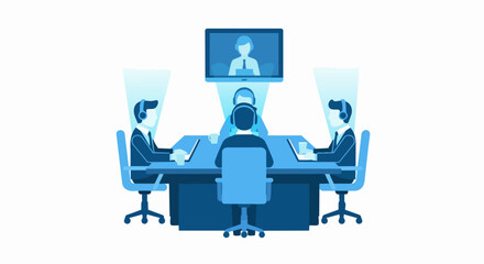 Fototapeta premium Hybrid Business Team Having a Virtual Meeting and Video Conference in a Modern Boardroom, Flat Vector Illustration