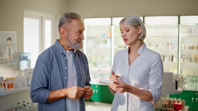 Pharmacist doctor help customer with medicine recommendation at pharmacy closeup