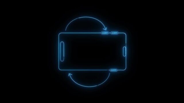 Neon screen rotation animation on black background. Neon screen rotation digital smartphone orientation symbol. Neon screen rotation technology graphic on black background.