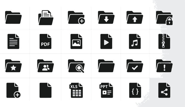 Set of flat design icons for documents, folders, and file types with various actions