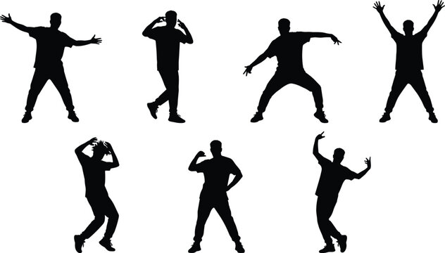 Dynamic human silhouette vector illustration set, stylized figures with expressive poses, gestures, dance and movement motifs