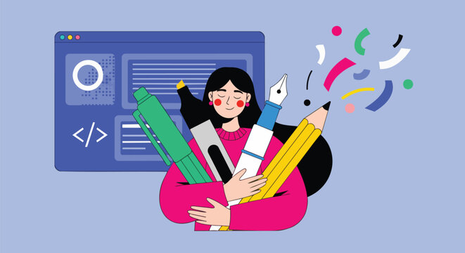 Vibrant digital graphic artist embracing a collection of design and writing tools with an intuitive web development interface and colorful abstract elements, concept for graphic design services, web