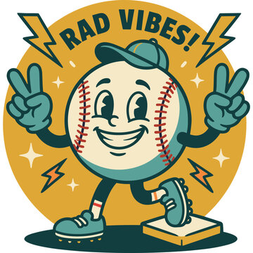 A cartoon baseball character displays peace signs with thumbs up on a vibrant yellow background with lightning bolts.