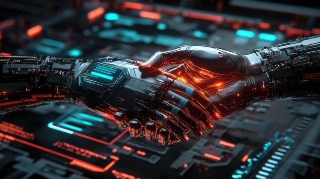 Cybernetic Handshake: Glowing Robotic Hands Seal a Futuristic Digital Agreement