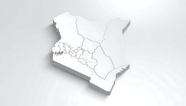 3d map of Kenya with cities and towns marked, continental outline, geographical representation, travel planning, location pins