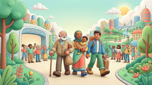 Diverse family of refugees being welcomed into a modern city illustration