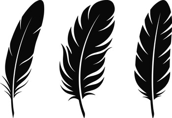 Obraz premium Flat vector illustration of feather silhouettes, decorative bird quill icons, minimal nature art design, modern graphic set, black outline and filled feather styles