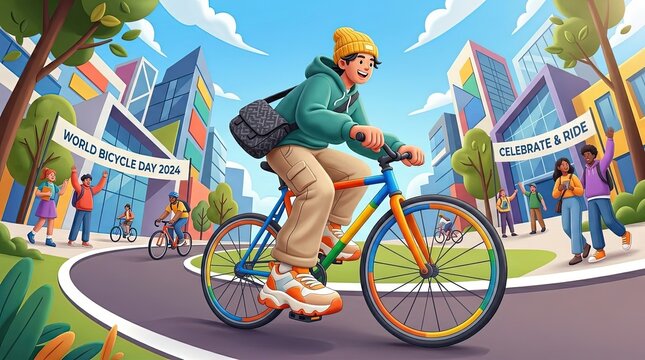 Student riding a colorful fixie bicycle in a vibrant city environment