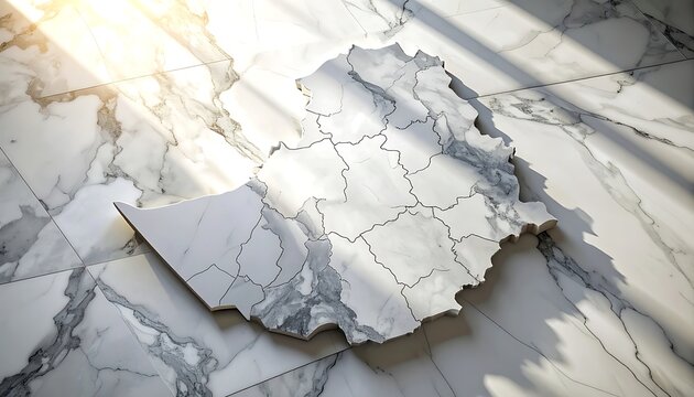 3D map of Zimbabwe with internal administrative divisions marked by dots, set on a white marble surface with dramatic sunlight and shadows, representing connectivity and national structure