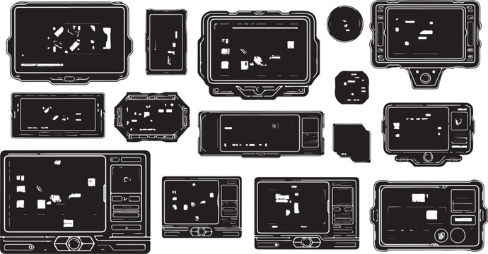 Collection of various futuristic control panels and screens