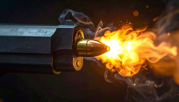 A close-up freeze-frame of a handgun firing, capturing the bullet just exiting the barrel with vivid muzzle flash, smoke, and fiery gases surrounding the gun&rsquo;s tip.