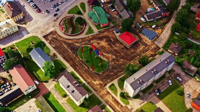Renovation of a city territory, creating a modern public space and improving infrastructure, wide aerial view