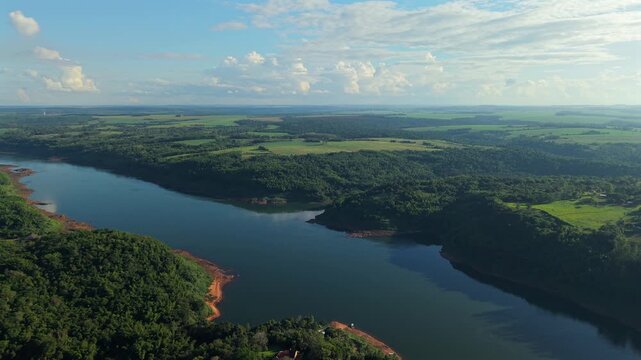 Aerial Establishing Dolly In Above Parana River Valley Tropical Jungle Argentina