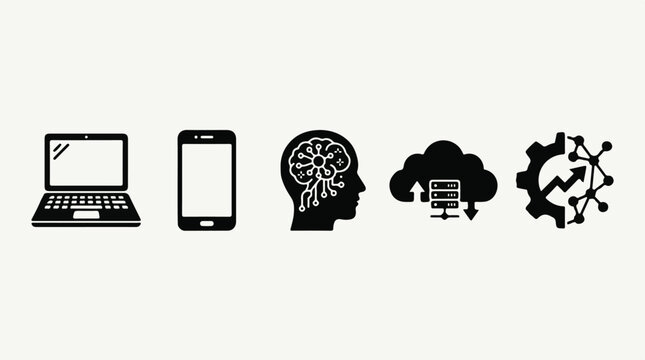 Modern flat icons set showing laptop, smartphone, brain, cloud server, and gear network