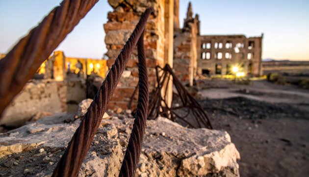 Twisted steel girders and cables lean against crumbling brick masonry foundations of an abandoned historical industrial building site at sunset, capturing a cinematic view of architectural decay.