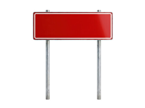 Blank red metal road sign on steel posts for custom text as PNG isolated on transparent background