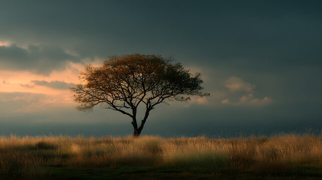 Minimal landscape with single tree silhouette and soft tones 