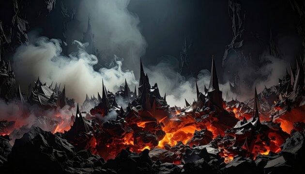 Cinematic widescreen landscape of metallic iron spikes emerging from glowing molten lava fields and swirling thick volcanic smoke in a dark subterranean cavern, creating a powerful volcanic scene.