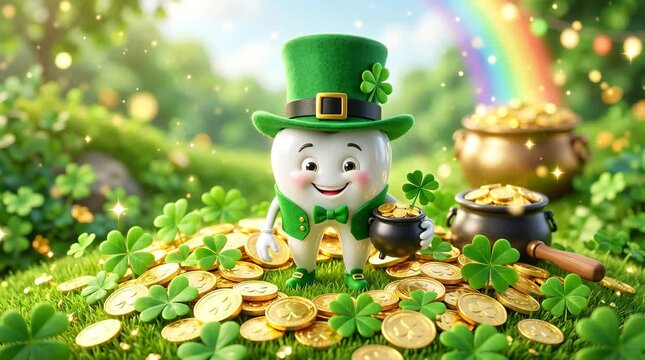 Cartoon tooth fairy character with gold coins and rainbow background  