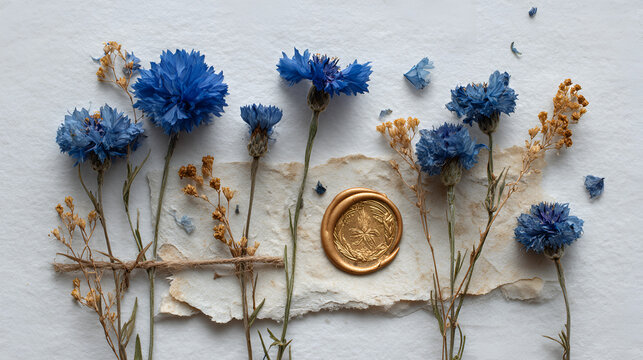 Blue dried flowers with torn kraft paper, rustic twine and a wax seal, isolated on white background background. Perfect for wedding invitations, envelopes, and scrapbook collage design.