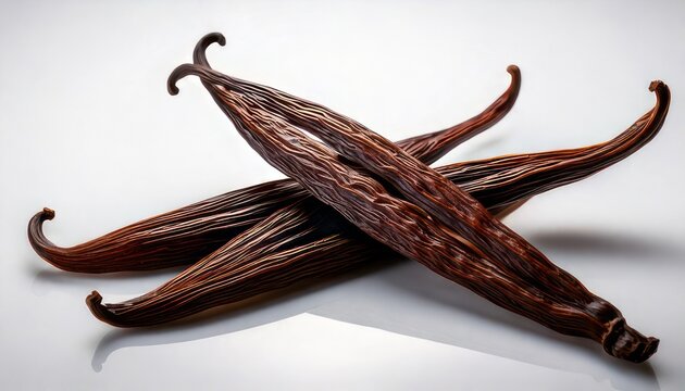Aromatic vanilla beans on a white surface, close-up shot.
