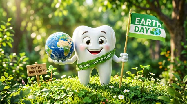 Tooth character celebrating Earth Day with globe in nature setting  