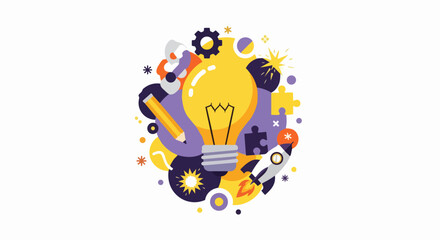 Obraz premium Innovation and Creative Idea Concept Vector Illustration with Lightbulb, Rocket, Gear, and Puzzle Pieces