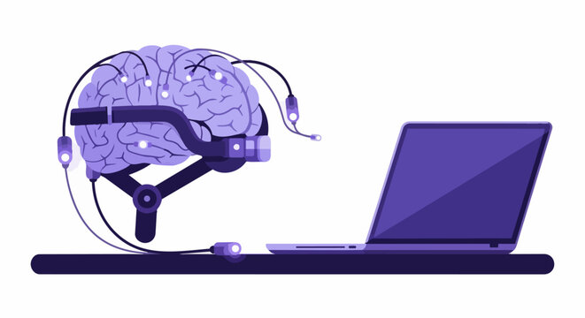 Brain-Computer Interface (BCI) Illustration: Human Brain Connected to Laptop for Neural Data Analysis, Machine Learning, and Artificial Intelligence Concept.