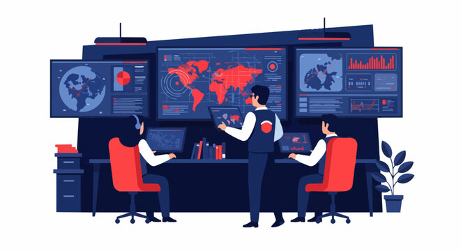Cybersecurity Command Center Vector Illustration: Team Monitoring Global Network Threats, Data Analytics, and Information Security in a High-Tech SOC Environment