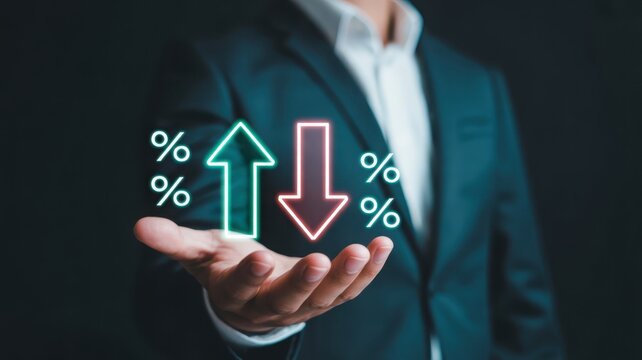 Businessman holding glowing neon green up and red down arrows with percentage symbols