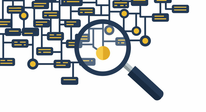 Data Analysis and Network Search Concept Illustration with Magnifying Glass Zooming on Node in Complex Logic Map