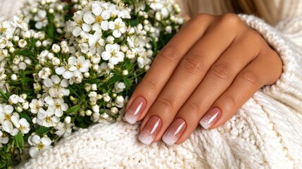 Fototapeta premium Close-up of manicured hand with pink ombre nails resting on white knitted sweater beside a bouquet of small white flowers