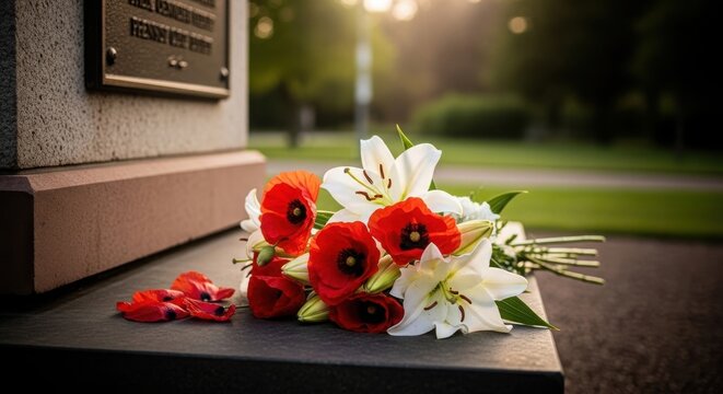 Bouquet of poppies and lilies at a memorial stone with memorial day, anzac day