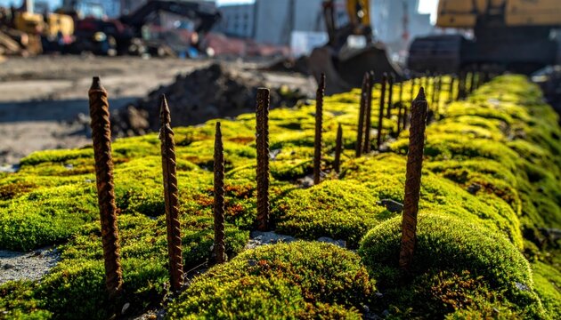 Sharp rusted metal rebar stakes protruding from vibrant green mossy concrete at a construction site, highlighting urban decay and the encroachment of nature on industrial manmade infrastructure.