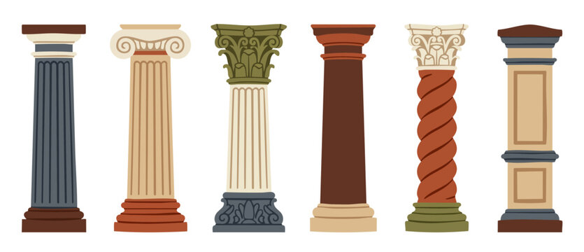 Classical Architectural Columns Set Collection Featuring Ionic Corinthian and Doric Pillars for Historic Building Design and Ancient Greek Roman Construction Elements Isolated on White Background Vect